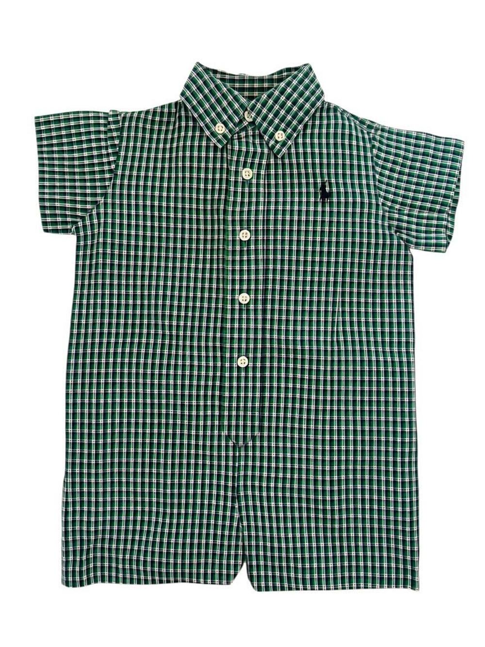 Vtg RALPH LAUREN 12m Baby Toddler Romper Green Navy Pony Snap Bottom 100% Cotton